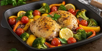 One-pan lemon herb chicken and roasted vegetables dinner