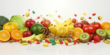 Colorful array of fruits, vegetables, and micronutrient supplements representing energy and vitality for 2025.