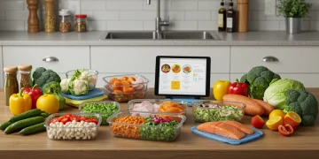 Organized meal prep containers with fresh, healthy food on a kitchen counter