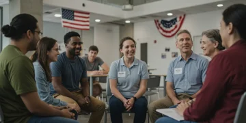 Diverse group in peer support session, mental health recovery