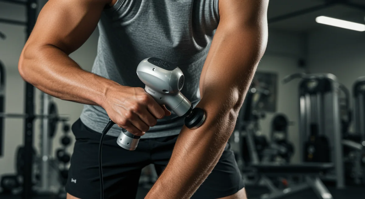 Athlete using a percussive therapy device on their leg muscle for targeted recovery.