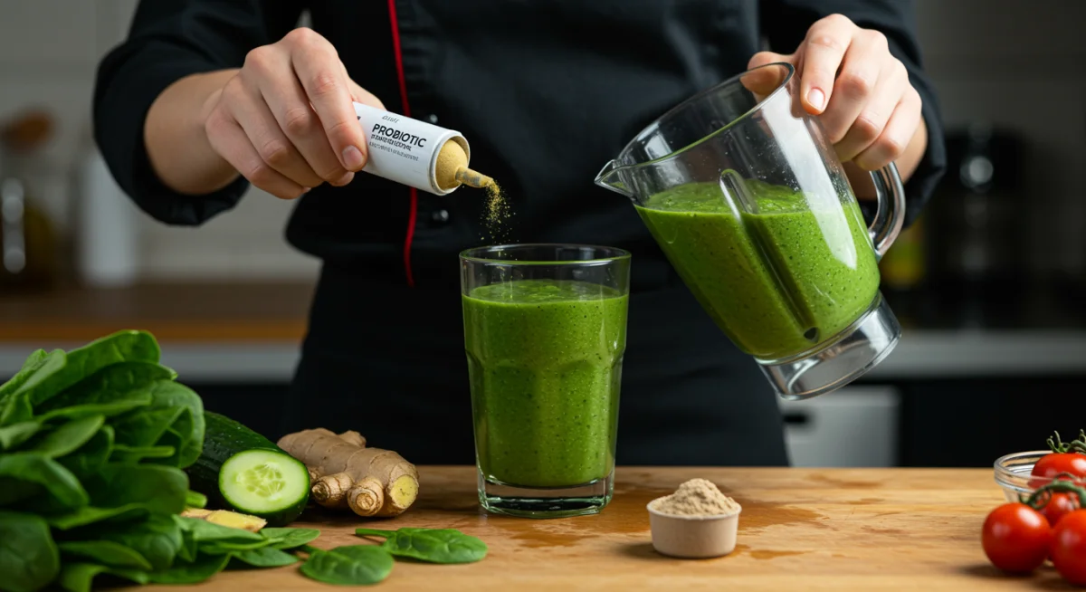 Chef preparing a green probiotic smoothie with fresh ingredients in a kitchen.