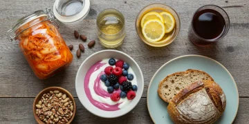 Assortment of probiotic-rich foods like kimchi, yogurt, kombucha, and sourdough bread on a wooden table.
