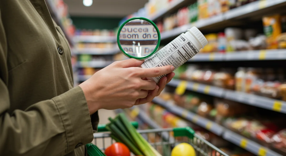 Person examining nutrition labels in a grocery store, making informed food choices for a healthier diet.