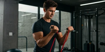 Person performing bicep curl with red resistance band