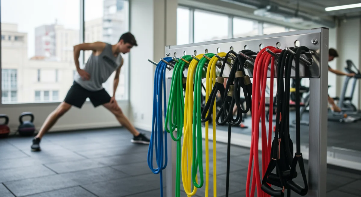 Variety of resistance bands on display in a gym