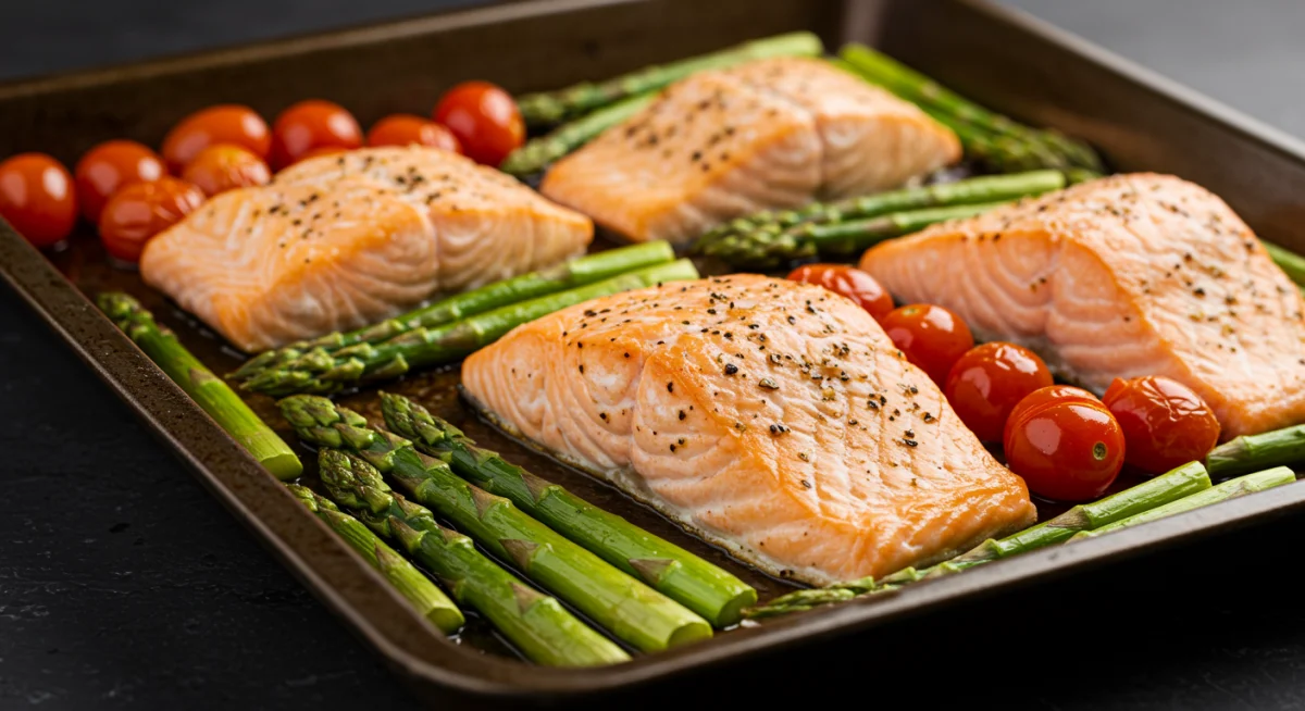Roasted salmon and asparagus on a sheet pan