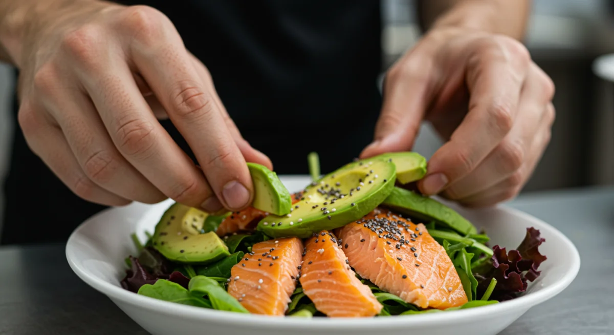 Chef preparing a salmon and avocado salad with chia seeds