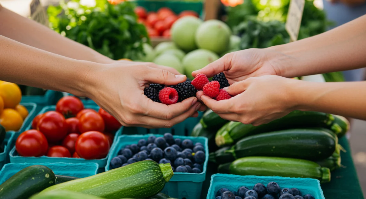 Hands selecting fresh, ripe berries at a bustling farmers market.