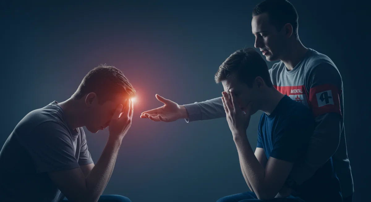Person offering supportive listening to another individual, symbolizing mental health first aid.
