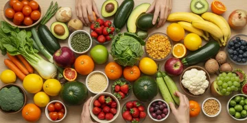 Colorful array of fresh, organic, sustainably sourced fruits and vegetables on a table.