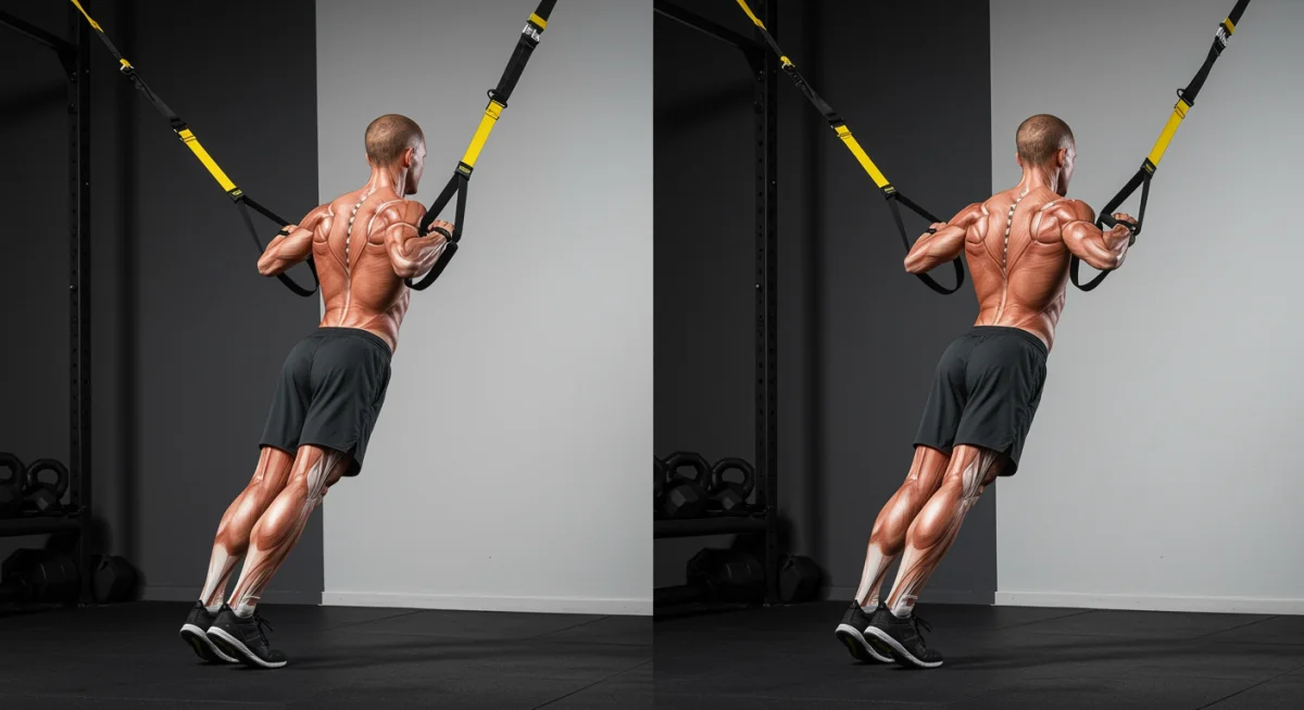 Proper form for TRX row engaging back and arm muscles