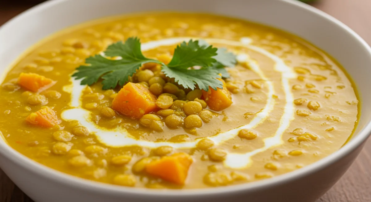 Close-up of a warm, turmeric-spiced lentil soup, garnished with cilantro.