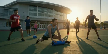 US athletes engaging in active recovery exercises like light jogging and stretching in an outdoor setting at dawn.