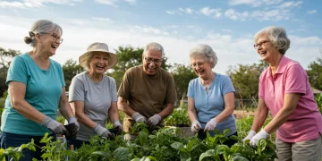 Seniors gardening together, fostering community and reducing isolation in the US.