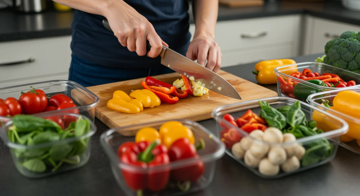 Person chopping vegetables for efficient meal preparation and portioning.