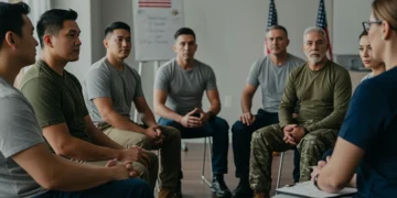 US veterans in group therapy session, receiving support for PTSD treatment.