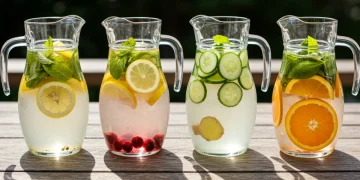 Hydration Hacks: 4 Flavorful Infused Water Recipes to Boost Daily Intake Four vibrant pitchers of infused water with various fruits and herbs on a wooden table, promoting healthy hydration.