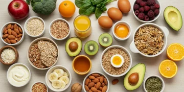 Assortment of vibrant, nutrient-dense breakfast ingredients and prepared meals on a wooden table.