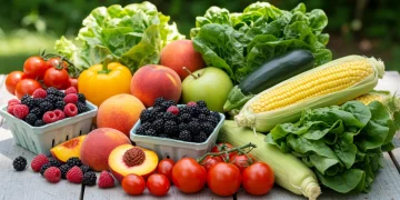 Vibrant assortment of fresh summer fruits and vegetables on a wooden table, bathed in natural light.