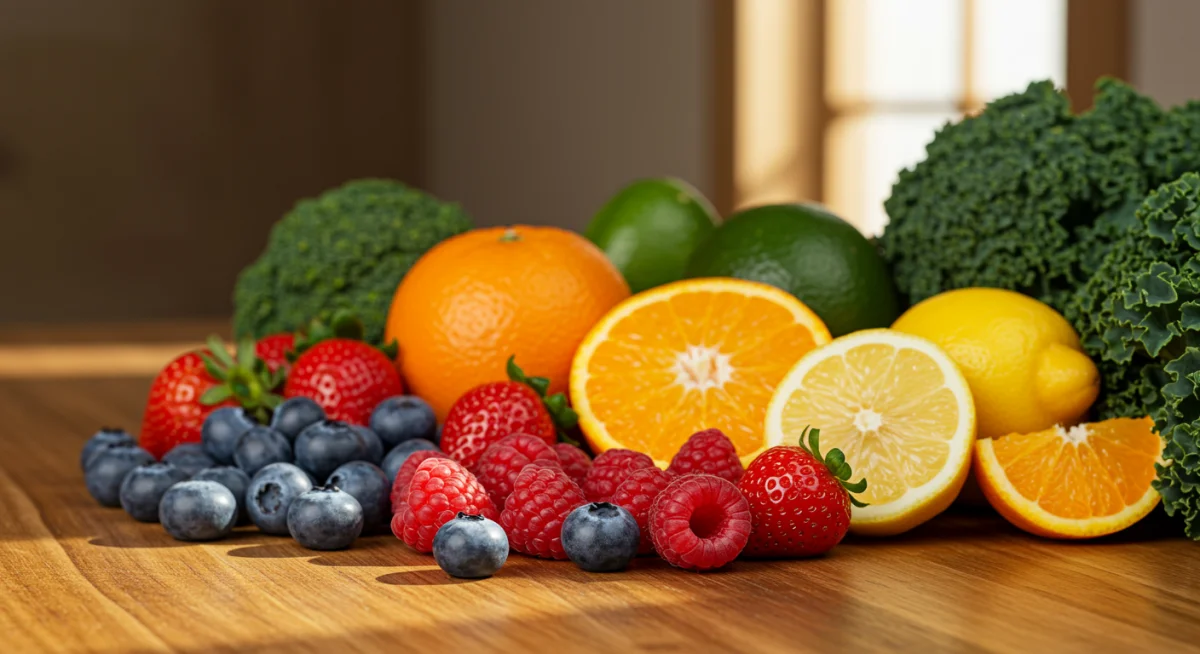 Assortment of vitamin-rich fruits and vegetables on a table, promoting immune health.