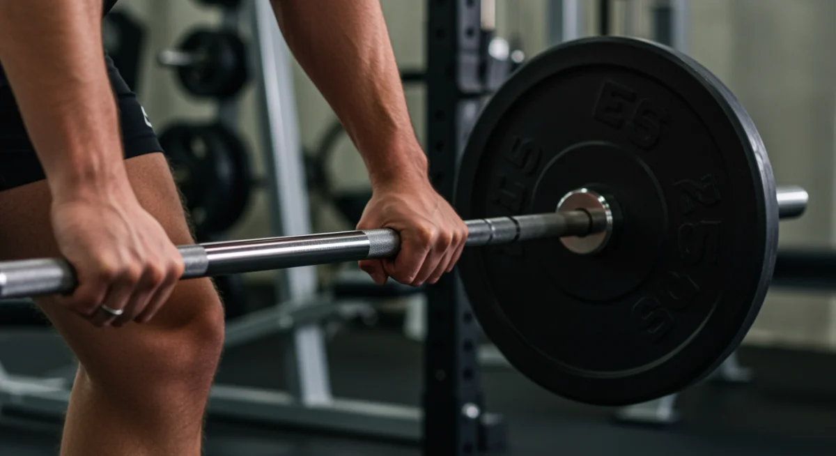 Close-up of hands gripping barbell during strength training