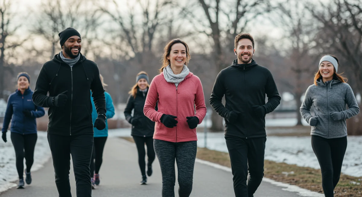 People walking outdoors in winter for mental health