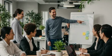 Diverse employees discussing workplace mental health initiatives in a modern office
