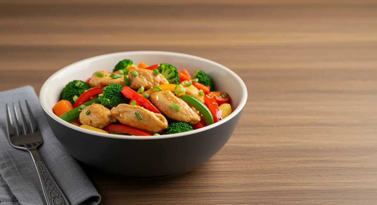 Air-fried chicken and vegetable stir-fry in a bowl, ready to eat.