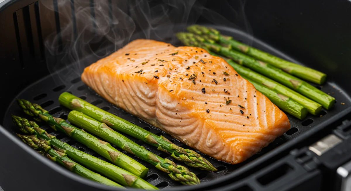 Crispy air-fried salmon with asparagus, a healthy and quick dinner.