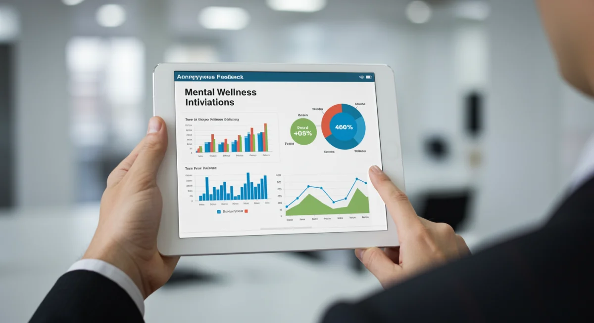 Tablet displaying anonymous employee feedback on mental wellness programs, highlighting data-driven improvements.