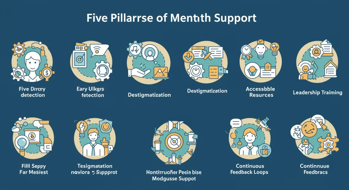 Infographic showing five pillars of proactive mental health support in the workplace.