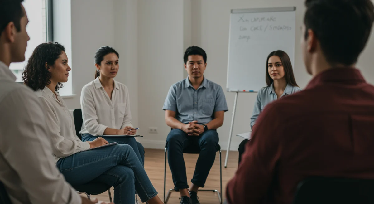 Group therapy session promoting collective mental health support.