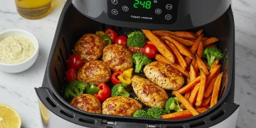 Colorful healthy air fryer meal in a modern kitchen, cooked quickly.
