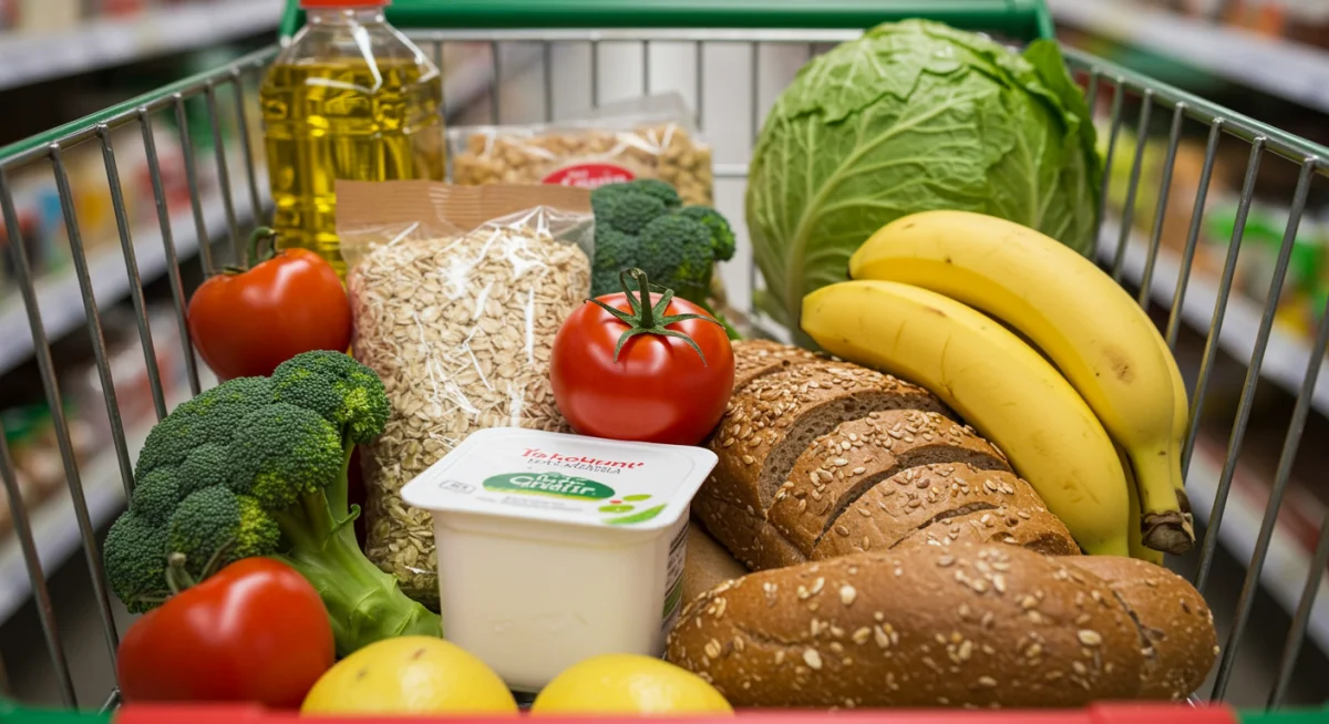 Grocery cart filled with healthy and nutritious food items