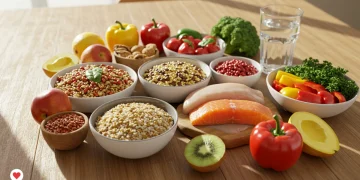 Healthy meal with fresh produce, whole grains, and lean protein for heart health