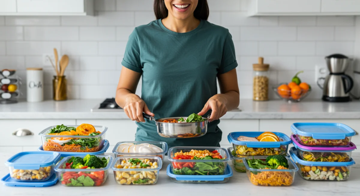 Person meal prepping budget-friendly healthy recipes in a modern kitchen.