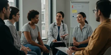 Diverse individuals in a mental health support group led by a therapist