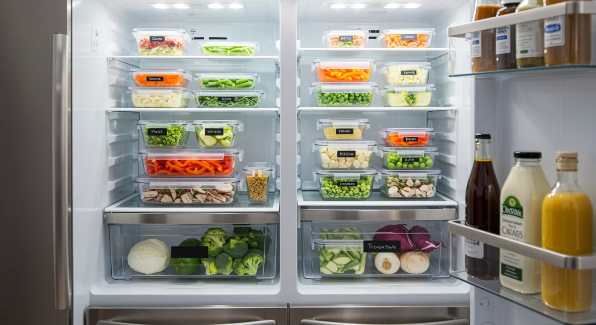 Organized refrigerator with prepped meals and fresh produce, demonstrating efficient meal planning.