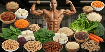 Assortment of plant-based protein foods for muscle building, US context