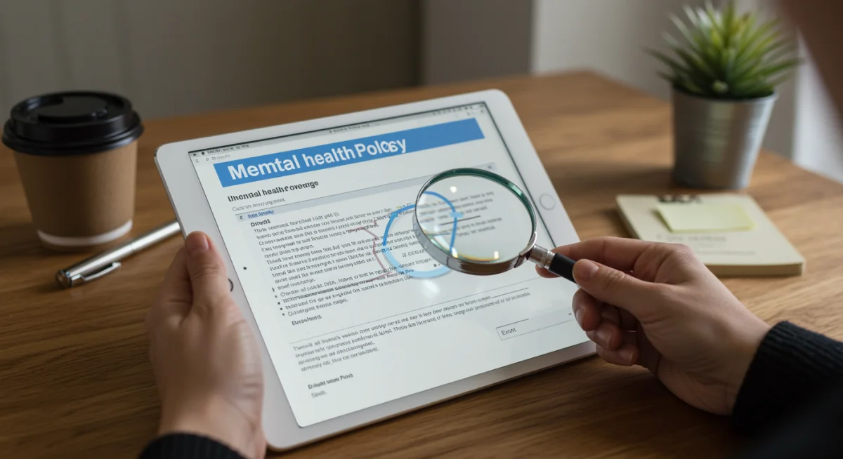Person examining insurance policy for mental health coverage details.