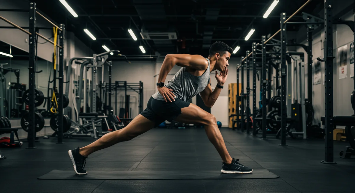 Runner performing dynamic stretches, illustrating the importance of cross-training and flexibility in an advanced training program.