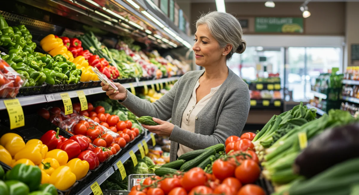Person selecting fresh, local produce at a grocery store for sustainable eating.