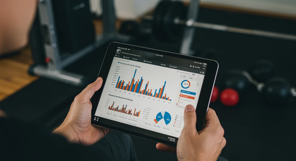 Person tracking workout progress on a tablet with performance metrics