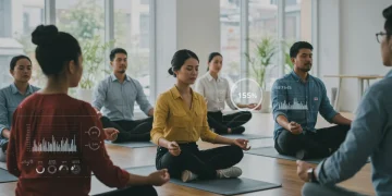Employees practicing mindfulness in a modern office, symbolizing advanced workplace mental wellness strategies.