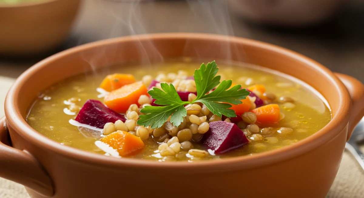 Steaming bowl of ancient grain and vegetable soup, rich in prebiotics and probiotics, promoting gut health.