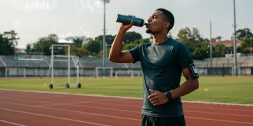 Athlete hydrating during workout with modern water bottle, showcasing advanced hydration