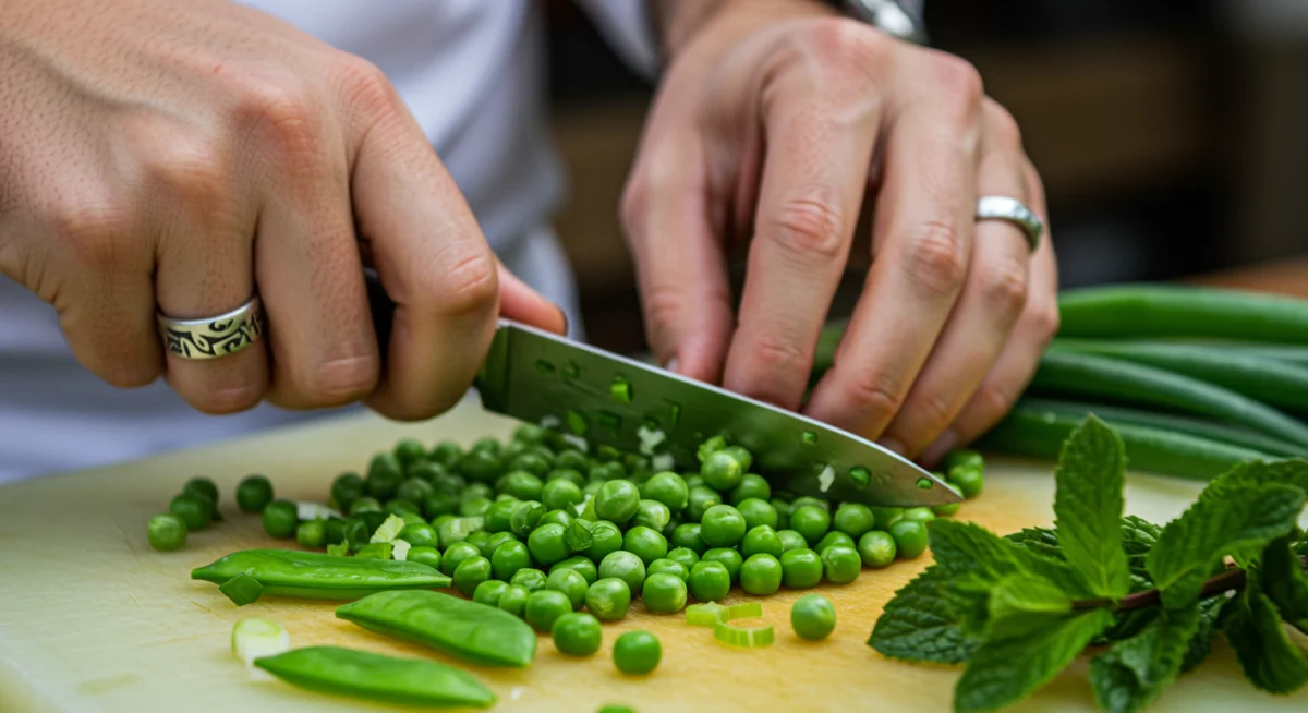 Chef preparing a dish with fresh spring peas and mint