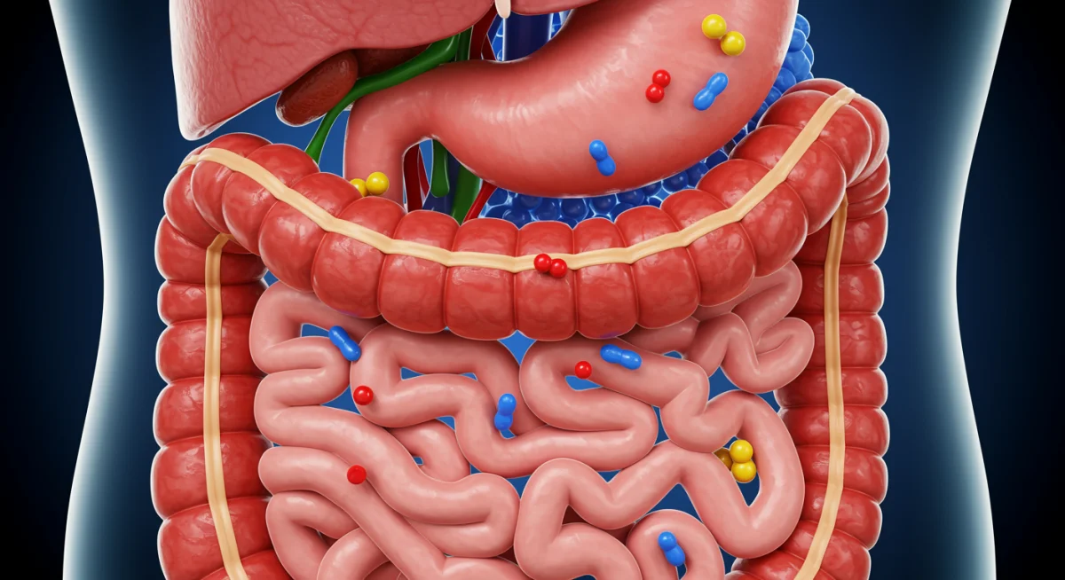 Illustration of the human digestive system and gut microbiome
