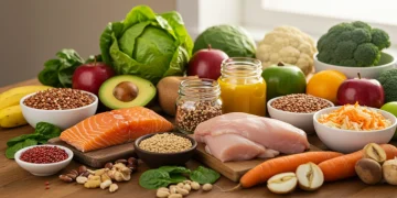 Colorful assortment of fresh whole foods for a gut health meal plan